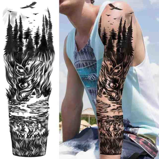Black God Wolf Sleeve Skull Flower Full Arm DIY Waterproof Temporary Tattoo For Men & Women - Birmon