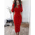 Long Sleeve V Neck Bodycon Ribbed Knit Dress - Red Dress / L