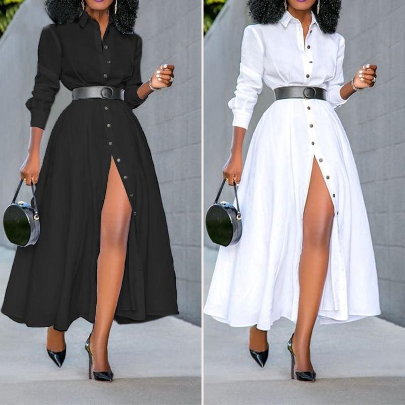 Solid Shirt Dress with Belt and Long Sleeves
