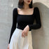 Black Office Lady Elegant Solid Mercerized Cotton Pullovers