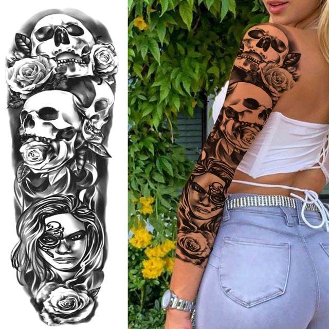 Black God Wolf Sleeve Skull Flower Full Arm DIY Waterproof Temporary Tattoo For Men & Women - Birmon