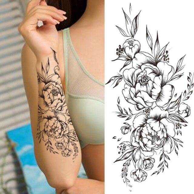 Large Flower Black Dahlia Rose Peony Realistic Waterproof Temporary Tattoo For Men Women - Birmon