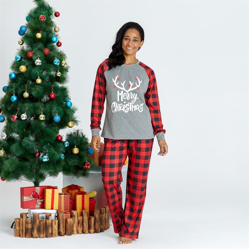 Family Matching Christmas Hat Print Short-sleeve Top and Plaid Pants Pajamas Sets (Flame Resistant)