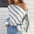 New Women Summer Striped Lace Up Loose Blouse - white / L