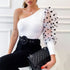 One Shoulder Dots Puff Sleeve Shirts Skew Collar Blouse