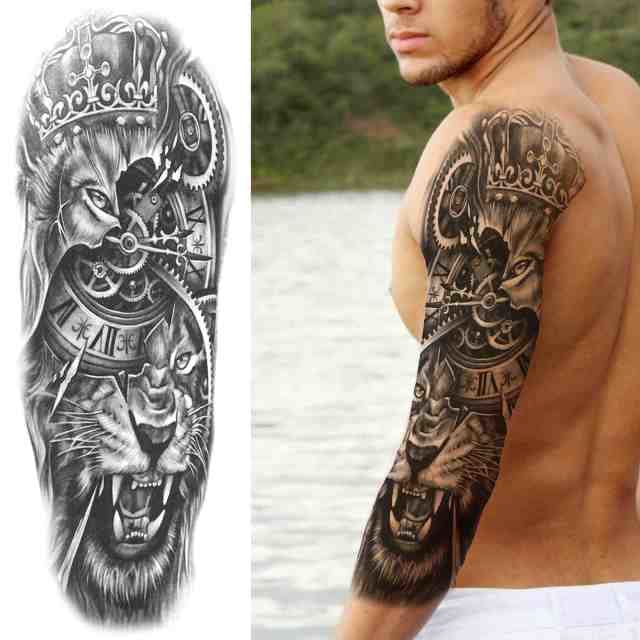 Realistic Wolf Forest Lion Fake Flower  Black Full Sleeve DIY Waterproof Temporary Tattoo For Men & Women - Birmon