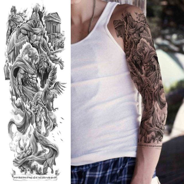 Realistic Wolf Forest Lion Fake Flower  Black Full Sleeve DIY Waterproof Temporary Tattoo For Men & Women - Birmon