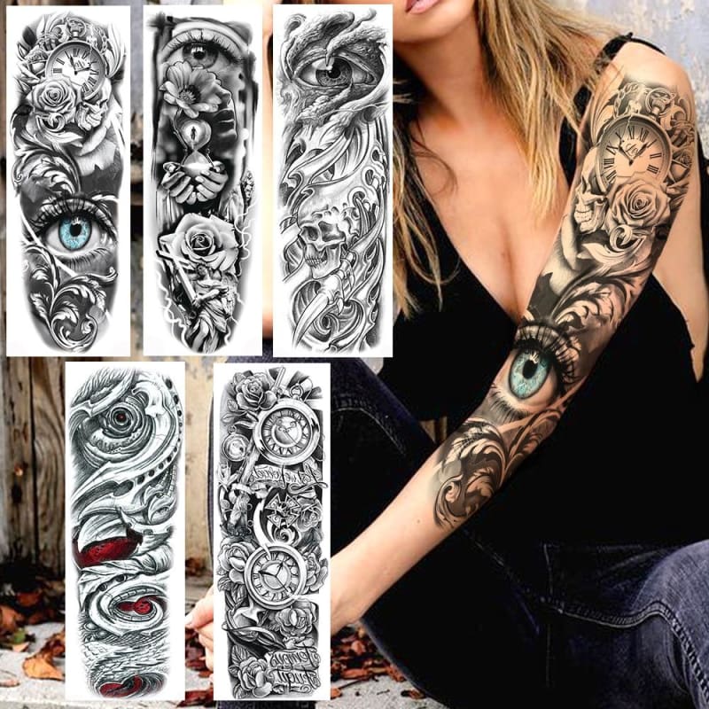 Realistic Full Flower Arm Rose Evil Eye Waterproof Temporary Tattoo For Men Women