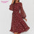 Red Printing Chiffon Long Sleeve Spring Women Dress