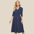 Striped A Line Dress Summer Office Lady Elegant 3/4 Sleeve Mid, V Neck Button Casual Dress