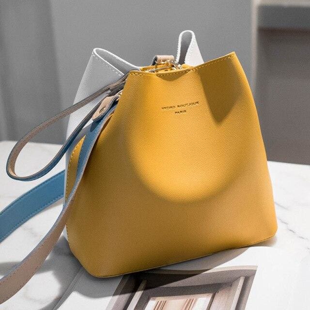 Small Leather Handbag Leather Shoulder Bag Yellow Bucket 